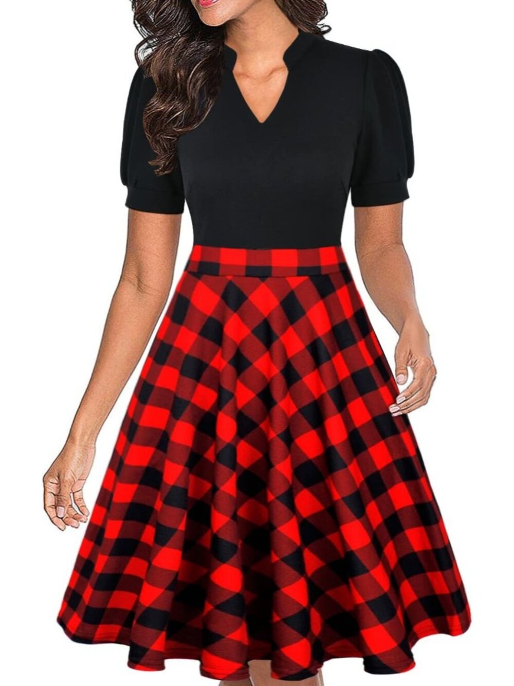 Men's Buffalo Plaid V Neck Summer Short Sleeve Semi Formal Fit Zipper Dress